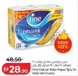 Lulu Hypermarket Fine Deluxe Toilet Paper 3ply 24 Rolls 140 Sheets offer