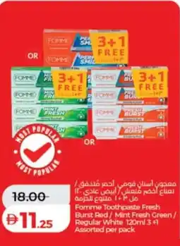 Lulu Hypermarket Fomme toothpaste fresh burst red/mint fresh green/ regular white 3+1 assorted offer