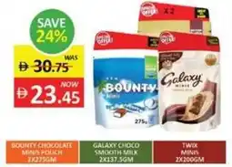 Al Madina Bounty chocolate, galaxy choco smooth milk, twix minis offer