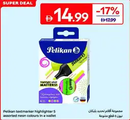 Carrefour Pelikan textmarker highlighter 5 assorted neon colours in a wallet offer