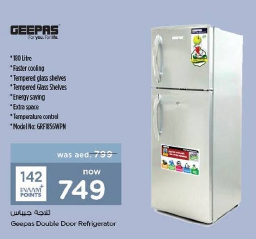 Geepas Double Door Refrigerator 180 Litre GRF1856WPN offer at Nesto