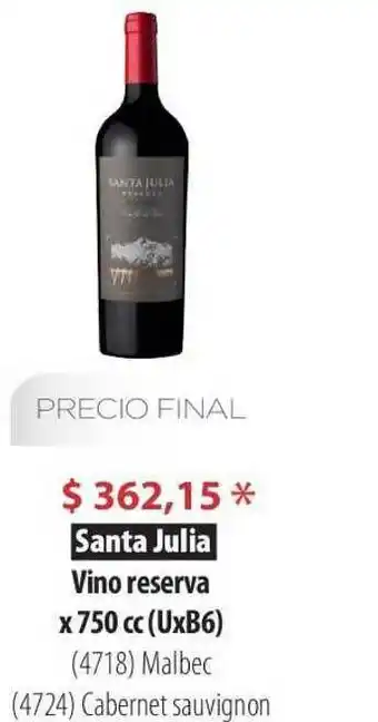 Parodi Santa Julia Vino reserva x 750cc oferta