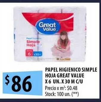 Punto Mayorista Papel Higienico Simple Hoja Great Value oferta
