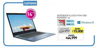La Anonima Lenovo Notebook Cloud 14'' A4 S150 81vs000g oferta