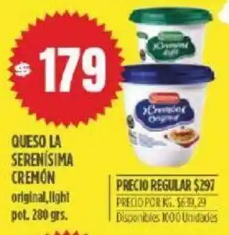 Supermercados Vea La Serenísima Cremón Queso original/Light 280 grs. oferta