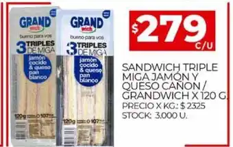 Supermercados DIA Sandwich Triple Miga Jamón Y Queso Cañon / Grandwich x 120g oferta
