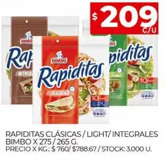 Supermercados DIA Rapiditas Clásicas / Light/ Integrales Bimbo x 275 / 265 g oferta