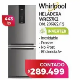 Naldo Lombardi Whirlpool Heladera WRE57K2 443lts oferta