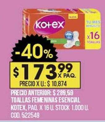 Coto Toallas Femeninas Esencial Kotex oferta