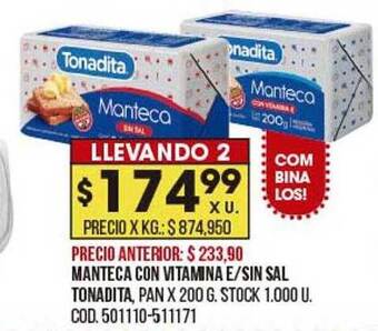 Coto Manteca Con Vitamina E Sin Sal Tonadita oferta