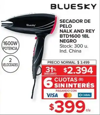 Carrefour Market Bluesky Secador De Pelo Nalk and Rey BTD1600 18L Negro oferta