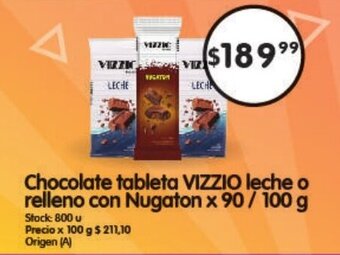 Supermercados Buenos Días Vizzio Chocolate tableta leche o relleno con Nugaton x 90/100g oferta