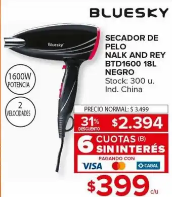 Carrefour Maxi Bluesky Secador De Pelo Nalk and Rey BTD1600 18L Negro oferta