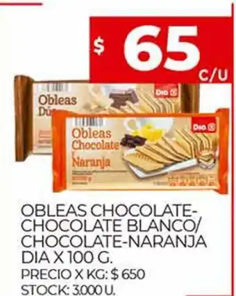 Supermercados DIA Dia Obleas Chocolate,Chocolate Blanco/Chocolate,Naranja x 100 g. oferta