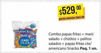 Supermercados Damesco Combo Papas Fritas + Maní Salado + Chizitos + Palitos Salados + Papas Fritas Cte Americano Snacko oferta