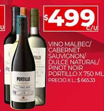 Supermercados DIA Portillo Vino Malbec/Cabernet Sauvignon/Dulce Natural/Pinot Noir x 750 ml oferta