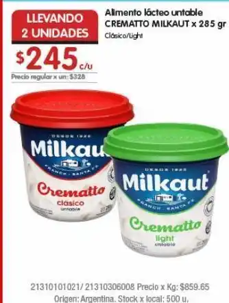 Disco Alimento lácteo untable crematto milkaut 2un x 285gr oferta