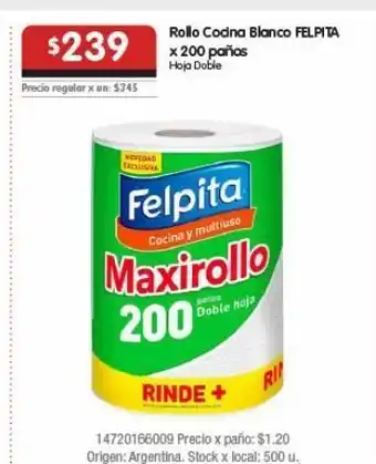 Disco Rollo de cocina blanco felpita x 200 paños oferta