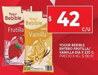 Supermercados DIA Yogur Bebible Entero Frutilla/Vainilla Dia x 220 g. oferta