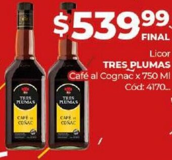Diarco Tres Plumas Licor Café Al Cognac x 750 ml oferta