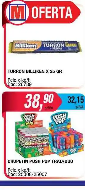 Maxiconsumo Turron Billiken, Chupetin Push Pop Trad-duo x 25gr oferta
