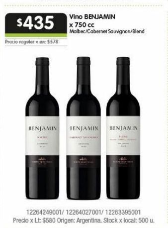 Jumbo Vino benjamin x 750cc oferta