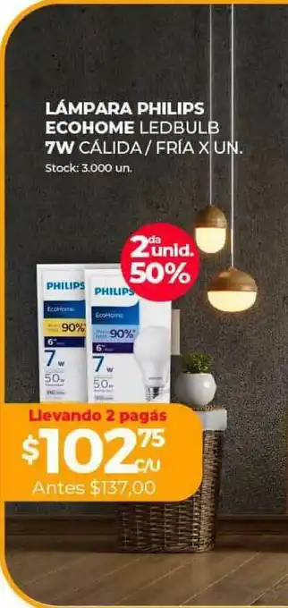 Supermercados Tadicor Lámpara Philips Ecohome Ledbulb 7W 3,000 un oferta