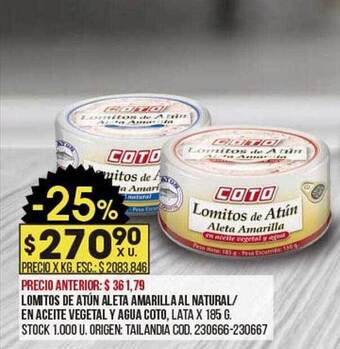Coto Lomitos De Atún Aleta Amarilla Al Natural En Aceite Vegetal Y Agua Coto oferta