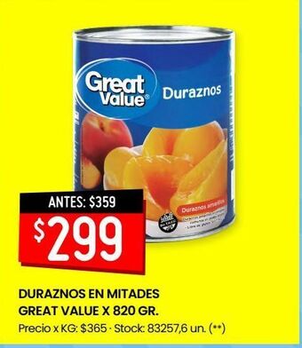 Changomas Duraznos en mitades great value x 820 gr. oferta