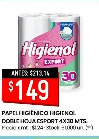Changomas Papel higiénico higienol doble hoja esport 4x30 mts oferta