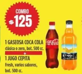 Supermercados Vea 1 Gaseosa Coca Cola clásica o zero, bot. 500cc + 1 Jugo Cepita fresh, varios sabores, bot. 500cc oferta
