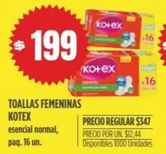 Supermercados Vea Kotex Toallas Femeninas esencial normal, paq. 16 un. oferta