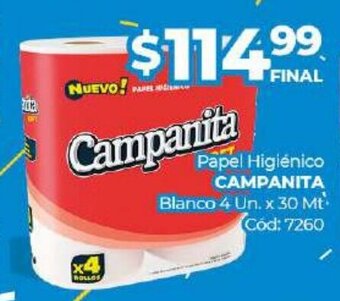 Diarco Campanita Papel Higiénico Blanco 4 Un x 30 Mt oferta