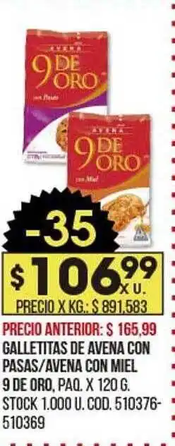 Coto Galletitas De Avena Con Pasas Avena Con Miel 9 De Oro oferta