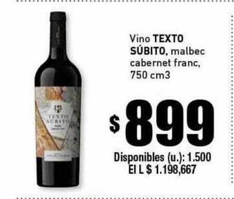 Cooperativa Obrera Vino Texto Súbito Malbec Cabernet Franc oferta