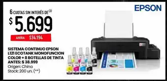 Changomas Sistema Continuo Epson L121 Ecotank Monofuncion Color + 8 Botellas De Tinta oferta