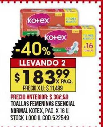 Coto Toallas Femeninas Esencial Normal Kotex oferta