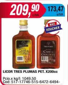 Maxiconsumo Licor Tres Plumas Pet oferta