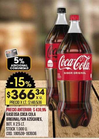 Coto Gaseosa Coca Cola Original Sin Azúcares oferta