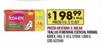 Coto Toallas Femeninas Esencial Normal Kotex oferta