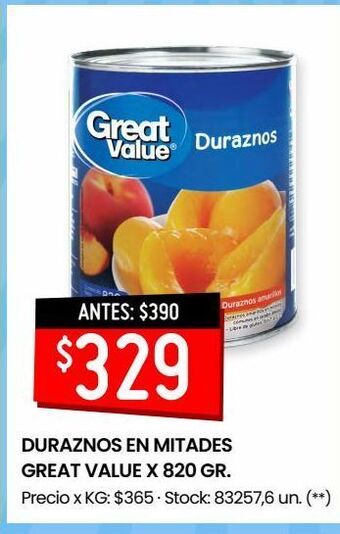 Changomas Duraznos en mitades great value x 820 gr. oferta