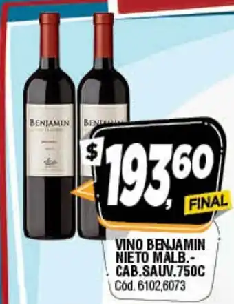 Supermercados Yaguar Vino Benjamin Nieto Malb.Cab Sauv 750cc oferta