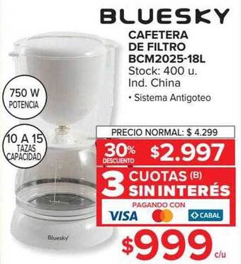 Carrefour Bluesky Cafetera De Filtro Bcm2025-18l oferta