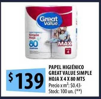 Punto Mayorista Papel Higiénico Great Value Simple Hoja oferta