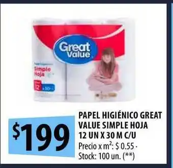 Punto Mayorista Papel Higénico Great Value Simple Hoja 12 un x 30m c/u oferta