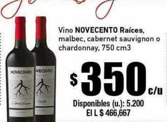 Vino novecento raices malbec cabernet sauvignon o chardonnay