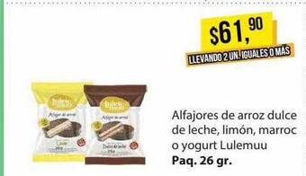 Supermercados Damesco Alfajores de arroz dulce de leche, limón, marroc o yogurt lulemuu oferta