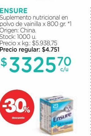 Farmacity Suplemento nutricional ensure en polvo de vainilla x 800 g oferta