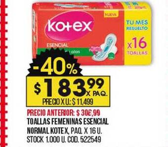 Coto Toallas femeninas esencial normal kotex oferta