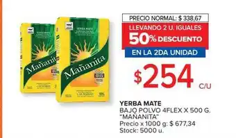 Yerba mate bajo polvo 4flex mañanita 2 u.iguales 50% descuento en la 2da unidad